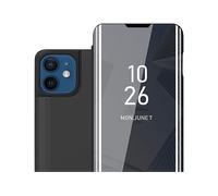 CADORABO Clear View Specchio con supporto Protezione 360 gradi Custodia per cellulare per Apple iPhone 12 / 12 PRO, TORMALINA NERA