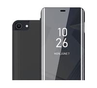 CADORABO Clear View Specchio con supporto Protezione 360 gradi Custodia per cellulare per Apple iPhone 7 / 7S / 8 / SE 2020, TORMALINA NERA
