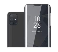 CADORABO Clear View Specchio con supporto Protezione 360 gradi Custodia per cellulare per Samsung Galaxy A71 4G, TORMALINA NERA