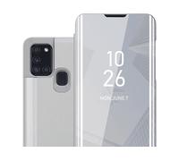 CADORABO Clear View Specchio con supporto Protezione 360 gradi Custodia per cellulare per Samsung Galaxy A21s, AGATA ARGENTO