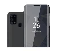 CADORABO Clear View Specchio con supporto Protezione 360 gradi Custodia per cellulare per Samsung Galaxy M31, TORMALINA NERA