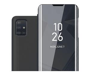 CADORABO Clear View Specchio con supporto Protezione 360 gradi Custodia per cellulare per Samsung Galaxy A51 5G, TORMALINA NERA