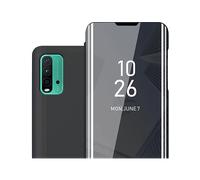 CADORABO Clear View Specchio con supporto Protezione 360 gradi Custodia per cellulare per Xiaomi RedMi 9T / POCO M3, TORMALINA NERA