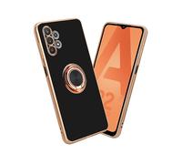 CADORABO con anello con protezione fotocamera e supporto magnetico per auto Cover per Samsung Galaxy A32 5G, Glossy Nero - Oro