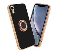 Cadorabo Custodia compatibile con Apple iPhone XR in Glossy Nero - Oro con anello - Coperchio in silicone TPU flessibile, con protezione per la fotocamera e supporto magnetico per l'auto