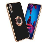 Cadorabo Custodia compatibile con Huawei P20 in Glossy Nero - Oro con anello - Coperchio in silicone TPU flessibile, con protezione per la fotocamera e supporto magnetico per l'auto