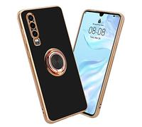 Cadorabo Custodia compatibile con Huawei P30 in Glossy Nero - Oro con anello - Coperchio in silicone TPU flessibile, con protezione per la fotocamera e supporto magnetico per l'auto