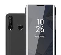 CADORABO Clear View Specchio con supporto Protezione 360 gradi Custodia per cellulare per Huawei P30 LITE, TORMALINA NERA