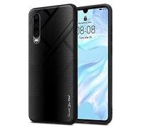 Cadorabo Custodia compatibile con Huawei P30 - Ottica a strisce in OPALE NERO - Coperchio protettivo in silicone TPU e retro in vetro temperato