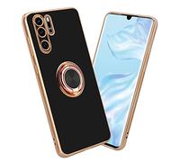 Cadorabo Custodia compatibile con Huawei P30 PRO in Glossy Nero - Oro con anello - Coperchio in silicone TPU flessibile, con protezione per la fotocamera e supporto magnetico per l'auto