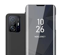 CADORABO Clear View Specchio con supporto Protezione 360 gradi Custodia per cellulare per Xiaomi 11T / 11T PRO, TORMALINA NERA