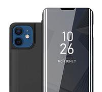Cadorabo Custodia Libro compatibile con Apple iPhone 12 / iPhone 12 PRO in TORMALINA NERA - Clear View Mirror - Ultra Sottile Custodia con Funzione di Supporto Protezione a 360 Gradi Stile Pieghevole