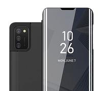 Cadorabo Custodia Libro compatibile con Samsung Galaxy A02s EU in TORMALINA NERA - Clear View Mirror - Ultra Sottile Custodia con Funzione di Supporto Protezione a 360 Gradi Stile Pieghevole