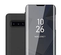 Cadorabo Custodia Libro compatibile con Samsung Galaxy S10 PLUS in TORMALINA NERA - Clear View Mirror - Ultra Sottile Custodia con Funzione di Supporto Protezione a 360 Gradi Stile Pieghevole
