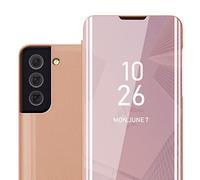 CADORABO Clear View Specchio con supporto Protezione 360 gradi Custodia per cellulare per Samsung Galaxy S22, KUNZIT ROSA