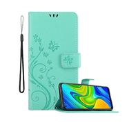 CADORABO design floreale con chiusura magnetica con stand e slot carte Cover per Xiaomi RedMi NOTE 9, TURCHESE FIORE