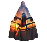 CADREWY Mantello unisex con cappuccio, motivo: cielo e tramonto con stampa di aeroplano, per Halloween, cosplay e temi