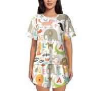 CADREWY Zoo Alfabeto Stampa Animale Beachwear Indumenti Da Notte Delle Donne Manica Corta Morbido Pigiama Set Per Quattro Stagioni Vacanza, Nero, 3XL