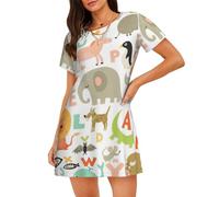 CADREWY Zoo Alphabet Animal Print Morbido Breve Abito Da Notte Camicia Da Notte Estate Rilassarsi Casa Casual Escursioni Traspirante, Nero, 3XL