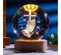 Caduola Sfera di cristallo sacra creativa,mani in preghiera in cristallo 3D con statua della croce di Gesù, luce notturna per camera da letto, decorazioni per la casa cattoliche cristiane (A)