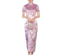 CAEITLRSO Abito da Sera Cheongsam da Damigella d'Onore Tradizionale Cinese Lungo Cheongsam Rosa Fiore di Pruno,Rosa,L