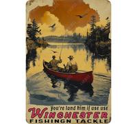 CAEJCCL Divertente cartello in metallo Winchester attrezzatura da pesca retrò in alluminio per la caccia e la pesca in alluminio per casa uomo grotta garage decorazione da parete 20 x 30 cm