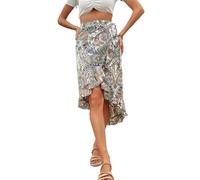 CAFETU Gonna fluida lunghezza midi elastica a vita alta A-Line gonna con Bohemia per le donne, Verde, XL