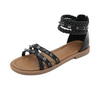 CAFETU Sandali da donna con rivetto con lacci aperti sandali piatti estivi intrecciati cinturino alla caviglia sandali da spiaggia sandali alla moda con cerniera posteriore casual scarpe romane, nero