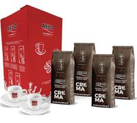 CAFFE' AIELLO SPECIAL BOX - 4X250 Gr Soft Pack CREMA MACINATO - Tostatura Media - In Atmosfera Protettiva con Valvola Salva-Freschezza + Coppia di Tazzine con Piattini di Vera Porcellana Dura Italiana