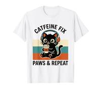 Caffeine Fix Paws & Repeat - Cuffie con Gatto Nero, Stile retrò Maglietta