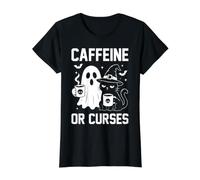Caffeine or Curses Ghost Spooky Funny Cat Halloween Coffee Maglietta con Stampa Grafica Economica, Donna, Nero, XL