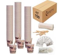 Caffetti Kit 150 Bicchierini Caffè + 150 Palette + 150 Bustine di Zucchero - Bicchieri 90 ml 3 oz in Carta Made in Italy, Palettine Monouso in Legno, per Ristoranti, Ufficio, Asporto, Bar