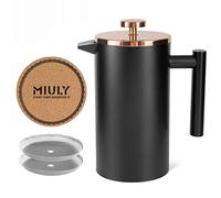 Caffettiera French Press 1L, a doppia parete, in acciaio inox, 6 tazze, disponibile in 350 ml, 1000 ml con filtro filtro, sottobicchiere, nero e oro