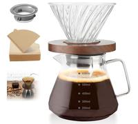 Caffettiera Pour Over, Caffettiera a Goccia in vetro trasparente da 600 ml, vassoio in noce nera e imbuto a spirale, per casa bar ristorante e campeggio (include 100 carte da filtro)