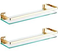 CAFIEDR Mensola da Bagno in Vetro montata a Parete, mensole sospese rettangolari portaoggetti per Doccia in Metallo Spesso 8 mm, 2 Ripiani, Trasparente, per la Decorazione della Parete di casa, Oro