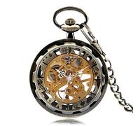 CAFIEDR Orologio da tasca meccanico manuale cavo trasparente Orologio da tasca meccanico a carica manuale con pendente in bronzo/nero (Taglia unica B)