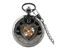 CAFIEDR Orologio da tasca meccanico vintage a forma di cuore nero da 30 cm con borsa a catena, orologio da parete da uomo (taglia unica)