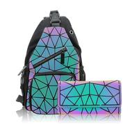 CAFINY Marsupio Geometrico, Zaino Luminoso Geometrico, Borsa Luminosa Geometrica, Borse da Viaggio Olografiche, Zaino Retro per Uso Casual, Universitario, Set di Portafogli SET-G