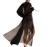 Caftano da spiaggia lungo da donna, colore nero, bikini cover Up kimono sexy pareo trasparente a maniche lunghe, estivo trasparente, poncho da spiaggia, pareo e abito da spiaggia in chiffon, poncho da