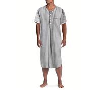 Caftano da uomo a righe camicia da notte a maniche corte con bottoni e tasca, leggero misto cotone, abbigliamento da notte estivo abbigliamento casual per la casa, Grigio, L