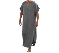 Caftano da uomo in cotone e lino abiti musulmani slim fit camicie a maniche corte costume arabo scollo a V tunica medievale deserto abito tinta unita manica lunga Thobe traspirante abito lungo, Grigio