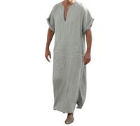 Caftano da uomo in cotone e lino abiti musulmani slim fit camicie a maniche corte costume arabo scollo a V tunica medievale deserto abito tinta unita manica lunga Thobe traspirante abito lungo, Verde