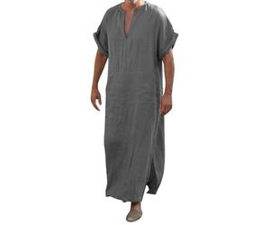 Caftano da uomo in cotone e lino abiti musulmani slim fit camicie a maniche corte costume arabo scollo a V tunica medievale deserto abito tinta unita manica lunga Thobe traspirante abito lungo, Grigio