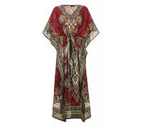 Caftano lungo stile orientale etnico, in poliestere, abito estivo da donna, stile bohémien, abbigliamento da spiaggia, oversize, Rosso, Taglia unica