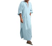 Caftano musulmano a maniche lunghe in lino con scollo a V, in misto cotone, leggero, per un comfort quotidiano e un abbigliamento estivo rilassato, Azzurro, XXL