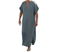 Caftano Uomo Elegante Musulmano - Abiti Musulmani Uomini Musulmano Caftano Etnico Musulmano Caftano Abaya Caftano Abaya Mens Cotone Lino Crew Collo Abaya Thobe Marocchino Afghano Abbigliamento Arabo