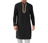 Caftano Uomo Musulmano Robe Button Down Scollo a maniche lunghe Thobe Abbigliamento Arabo Medio Oriente Accappatoi Abiti Abiti da preghiera per gli uomini Tradizionale Etno Islamico Costumi, Nero , XL