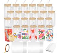 Cafultgo 24 barattoli in vetro a sublimazione con cannucce e coperchi in bambù, tazze trasparenti per cocktail, whisky, cola, succhi di frutta, soda, tè, acqua, set regalo, bevande, 473,6 ml
