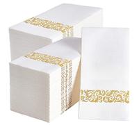 Caglars Asciugamani usa e getta, morbidi e assorbenti, in carta effetto lino, durevoli, decorativi, ideali per cucina, feste, matrimoni, cene o eventi, colore: bianco e oro