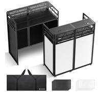 CAHAYA Mobile DJ Booth Stand - Tavolo da DJ pieghevole con doppio ripiano per laptop e controller, regolabile in altezza, nero e bianco, borsa per il trasporto, aperture per cavi, 103,5 x 50 cm